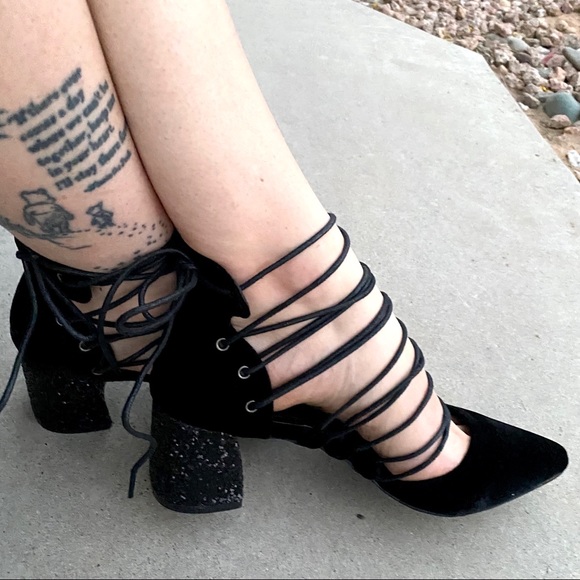 New Black Sparkly Velvet Glitter Strappy Bling Heels - Picture 3 of 5